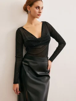 Cowl Neck Sequins Thin Blouse