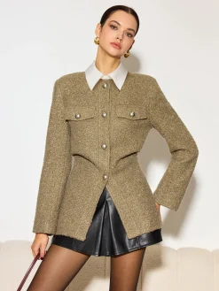 Crew Neck Button Down Tweed Coat