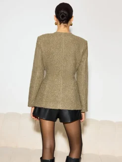 Crew Neck Button Down Tweed Coat