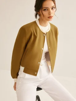 Crew Neck Contrast Trim Button Jacket