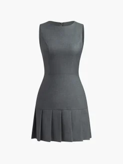 Crew Neck Pleated Zipper Plain Dress