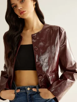 Crew Neck PU Leather Short Blazer