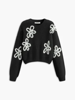 Crew Neck Ribbed Floral Knit Top