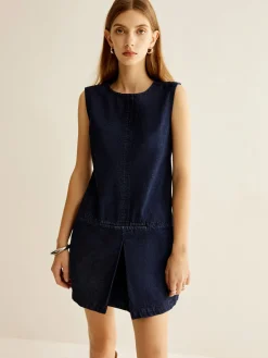 Crew Neck Sleeveless Denim Dress