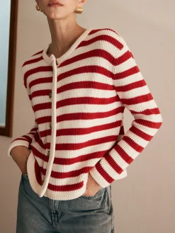 Crew Neck Striped Jersey Cardigan