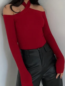 Criss Cross Cold-Shoulder Ribbed Top