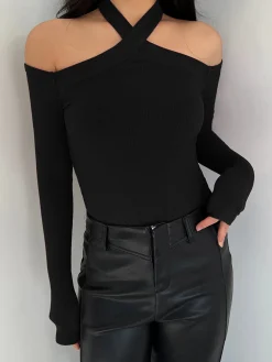Criss Cross Cold-Shoulder Ribbed Top