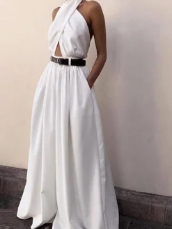 Criss Cross Halter Backless Jumpsuit Without Belt
