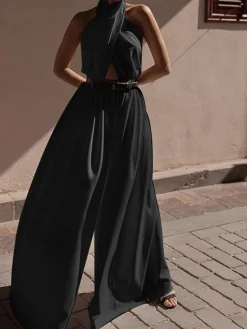 Criss Cross Halter Backless Jumpsuit Without Belt