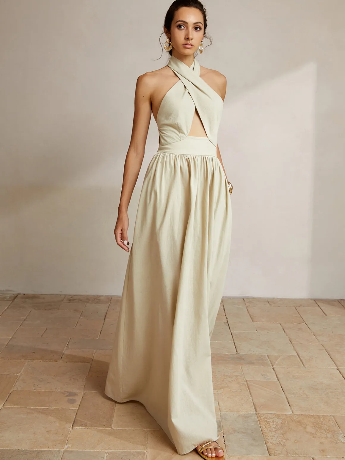 Criss Cross Halter Pockets Long Dress