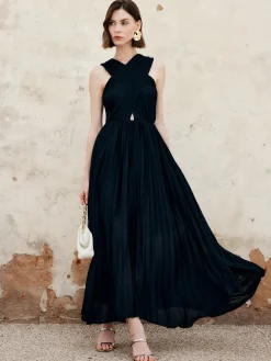 Criss Cross Pleated Long Dress