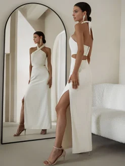 Crisscross Cutout Halter Split Knit Long Dress