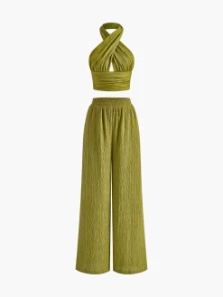 Cross Halter Plisse Pants Set