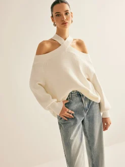 Cross-Over Collar Cold-Shoulder Sweater