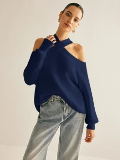 Cross-Over Collar Cold-Shoulder Sweater