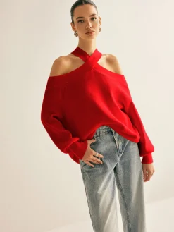 Cross-Over Collar Cold-Shoulder Sweater