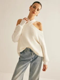 Cross-Over Collar Cold-Shoulder Sweater