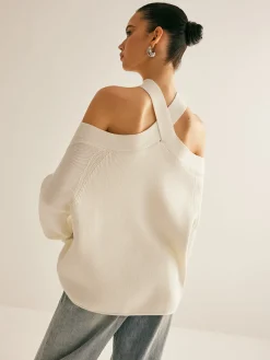 Cross-Over Collar Cold-Shoulder Sweater