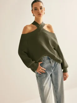 Cross-Over Collar Cold-Shoulder Sweater
