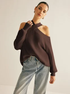 Cross-Over Collar Cold-Shoulder Sweater