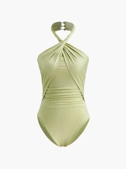 Cross-Over Collar Pleated Bodysuit