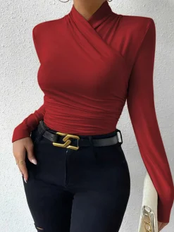 Cross-Over Collar Pleated Cinched T-Shirt