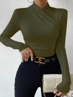 Cross-Over Collar Pleated Cinched T-Shirt