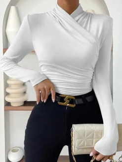 Cross-Over Collar Pleated Cinched T-Shirt