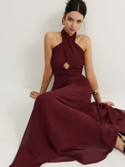 Cross-Over Halter Pleated Long Dress