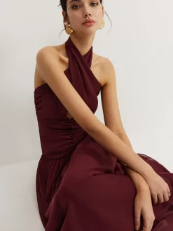 Cross-Over Halter Pleated Long Dress
