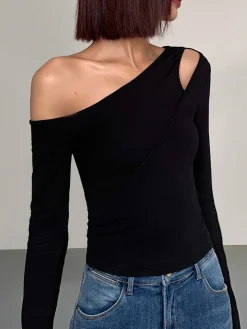 Cut Out Asymmetric Off Shoulder Slinky Long Sleeve Shirt