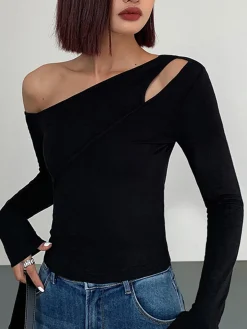 Cut Out Asymmetric Off Shoulder Slinky Long Sleeve Shirt