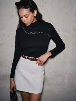 Cutout Beaded Slim Ribbed Sweater