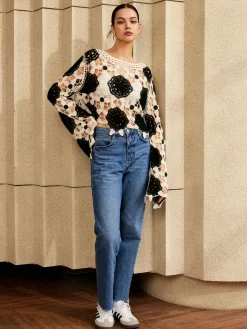 Cutout Crochet Flower Sweater