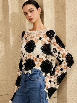 Cutout Crochet Flower Sweater