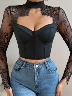 Cutout Lace Panel Corset Blouse