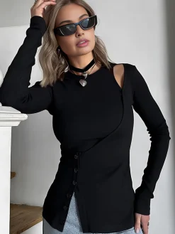Cutout Panel Button Blouse