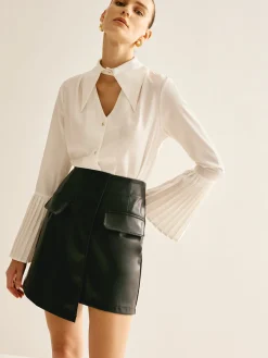 Cutout Plain Button Pleated Cuff Shirt