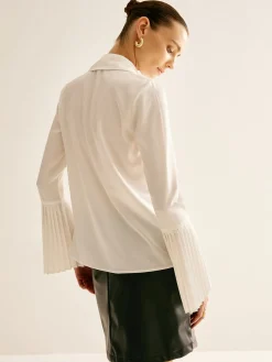 Cutout Plain Button Pleated Cuff Shirt