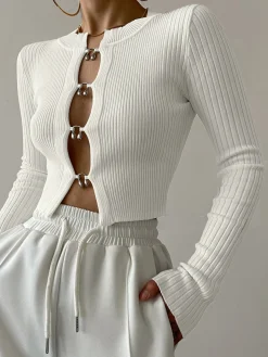 Cutout Split Beads Detail Ribbed Knit Top