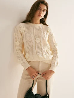 3D Flower Cable-Knit Pullover Sweater