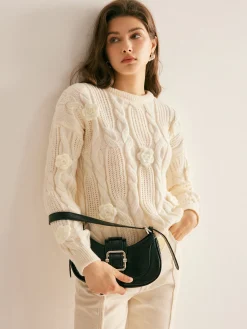 3D Flower Cable-Knit Pullover Sweater