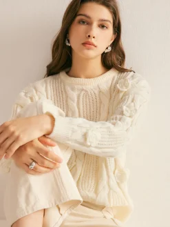 3D Flower Cable-Knit Pullover Sweater