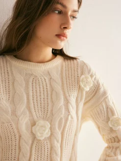 3D Flower Cable-Knit Pullover Sweater