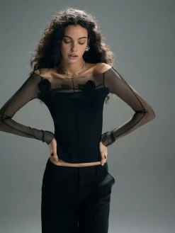 3D Flower Off-Shoulder Mesh Panel Top