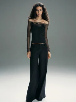 3D Flower Off-Shoulder Mesh Panel Top
