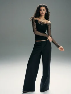 3D Flower Off-Shoulder Mesh Panel Top