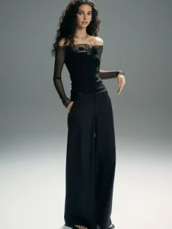 3D Flower Off-Shoulder Mesh Panel Top