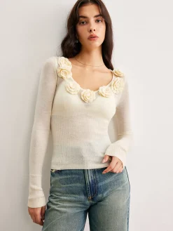 3D Flower Semi-Sheer Knit Top