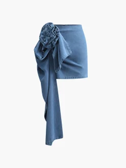 3D Rose Flower Denim A Line Short Skirt